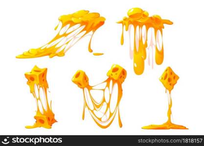 Melted cheese pieces isolated on white background. Vector cartoon set of hot cheddar, parmesan or holland cheesy slices with holes and molten liquid drops. Melted cheese pieces isolated on white background