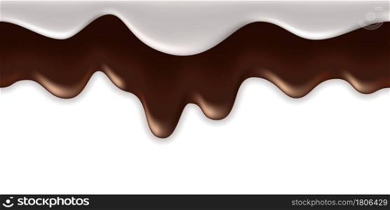 Melted chocolate and milk cream drip flow. Dark brown choco and milky waves on white background. Liquid flowing syrup texture. Vector illustration
