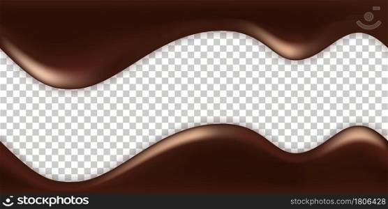 Melted chocolate drip waves. Milk chocolate creamy texture. Liquid syrup spill . Isolated wavy swirls on transparent background. Seamless pattern for frame border. Vector illustration