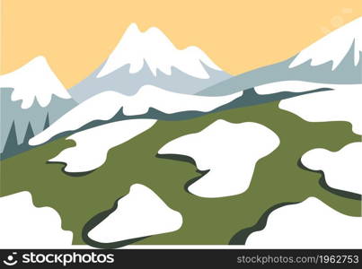 Melting and thawing snow on top on mountains peak, summit or high range. Spring awakening, land with grass and hills in distance. Hoarfrost and climate change. Vector in flat style illustration. Snow melting on top of mountains range vector
