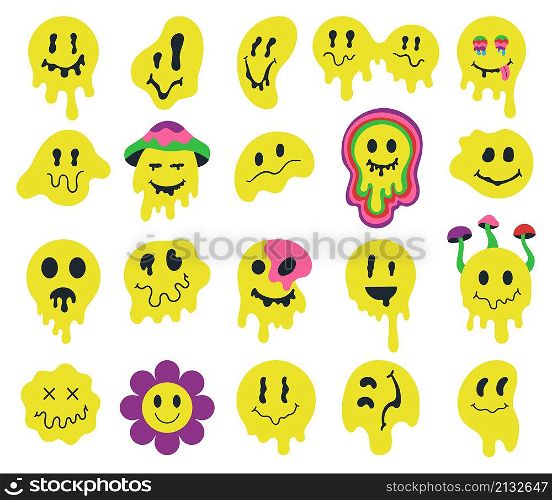 Melting psychedelic smiling faces, dripping groovy characters. Crazy graffiti smile emoji, facial expressions vector illustration set. Dripping smiling emoji faces. Smile psychedelic emoji melting. Melting psychedelic smiling faces, dripping groovy characters. Crazy graffiti smile emoji, facial expressions mascots vector illustration set. Dripping smiling emoji faces