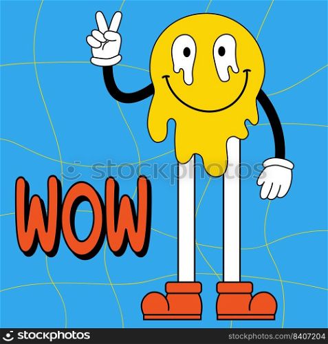 Melting smile face, trippy sticker Wow. Funny psychedelic surreal acid melt smile character with feet and hands with gloves. Vector Positive emoji. Comic cute dripping smile for poster, graphic tee print, card. Y2K aesthetic