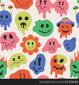 Melting smiling faces, dripping groovy retro seamless pattern. Retro dripping doodle smile face vector background illustration. Psychedelic groovy smile emoji pattern. Drip pattern expression. Melting smiling faces, dripping groovy retro seamless pattern. Retro dripping doodle smile face vector background illustration. Psychedelic groovy smile emoji pattern