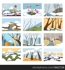 Melting snow and blooming flora, spring awakening and revival of nature. Scenery of landscapes and cityscapes. Crocus and forest with rivers and ice. Nesting birds in city. Vector in flat style. Spring awakening, melting snow and blooming flora