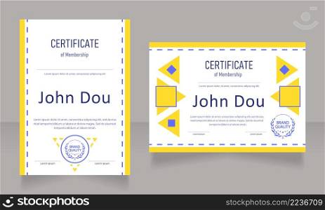Member certificate design template set. Vector diploma with customized copyspace and borders. Printable document for awards and recognition. Bahnschrift Semi-Light Condensed, Arial Regular fonts used. Member certificate design template set