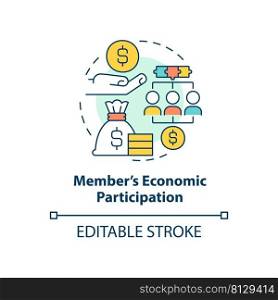 Member economic participation concept icon. Cooperative principle abstract idea thin line illustration. Capital control. Isolated outline drawing. Editable stroke. Arial, Myriad Pro-Bold fonts used. Member economic participation concept icon