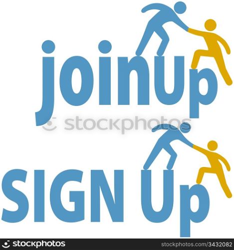 Member helps a person sign up to join a group company or website icons