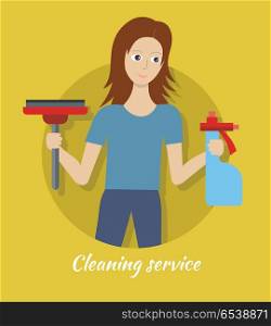 Member of Cleaning Service with Broom and Cleaner.. Cleaning service. Female member of the cleaning service staff with broom and glass cleaner. Worker of cleaning company. Successful housekeeping company banner. Office and hotel cleaning. Vector