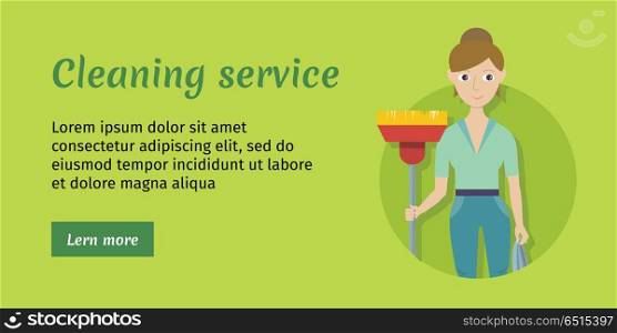 Member of Cleaning Service with Broom and Duster. Cleaning service. Female member of the cleaning service staff with broom and duster. Worker of cleaning company. Successful housekeeping company banner. Office and hotel cleaning. Vector illustration