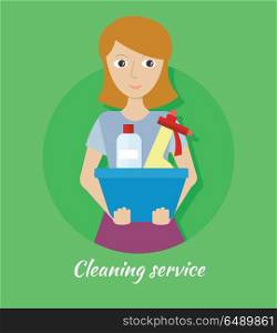 Member of the Cleaning Service with Glass Cleaner. Cleaning service. Female member of the cleaning service staff with basin with glass cleaner and substance for washing. Worker of cleaning company. Successful housekeeping company banner. Vector