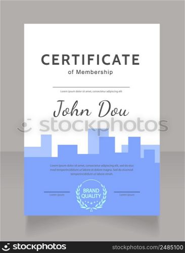 Membership certificate design template. Vector diploma with customized copyspace and borders. Printable document for awards and recognition. Kanit, Cabin, Dancing Script Bold, Regular fonts used. Membership certificate design template