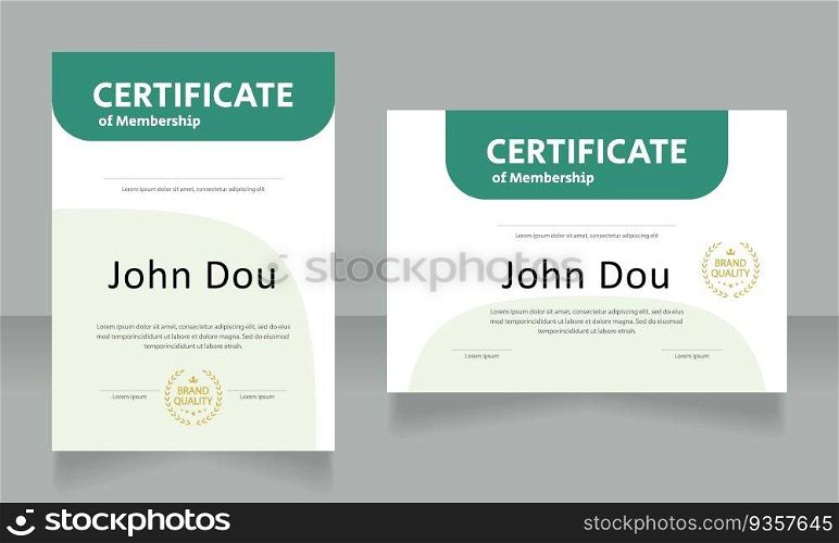 Membership certificate design templates set. Vector diploma with customized copyspace and borders. Printable document for awards and recognition. Calibri Regular, Arial Bold, Myriad Pro fonts used. Membership certificate design templates set