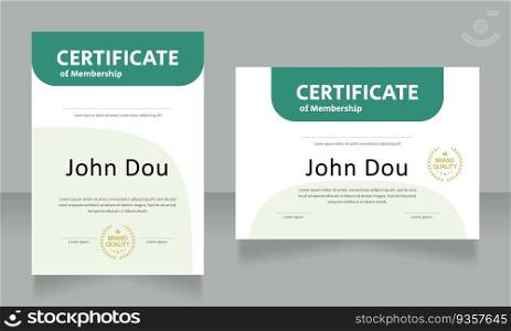 Membership certificate design templates set. Vector diploma with customized copyspace and borders. Printable document for awards and recognition. Calibri Regular, Arial Bold, Myriad Pro fonts used. Membership certificate design templates set
