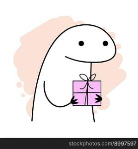Meme flork holding a gift box on a beige background