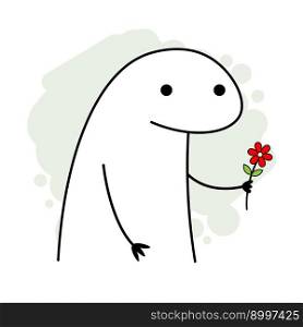 Meme flork man holding a flower on a pale green background