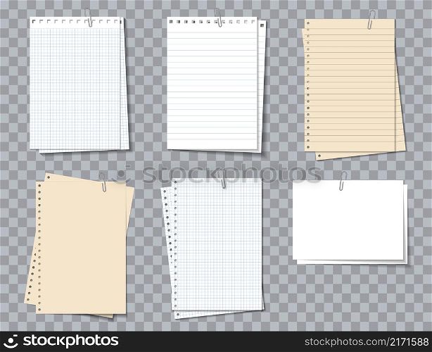 Memo pad paper. Different notebook sheets with clip. Notepaper with lines and grid. Piece of paper of notepad for note, notice and text. Realistic sheets isolated on transparent background. Vector.