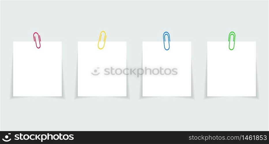 Memo paper with paperclip for office paperwork. Fastener, paperclip with blank notepaper. Attaching binder with white note sheet. Set of isolated color paperclip for text. Clips and list. vector eps10. Memo paper with paperclip for office paperwork. Fastener, paperclip with blank notepaper. Attaching binder with white note sheet. Set of isolated color paperclip for text. Clips and list. vector