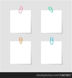 Memo paper with paperclip for office paperwork. Fastener, paperclip with blank notepaper. Attaching binder with white note sheet. Set of isolated color paperclip for text. Clips and list. vector eps10. Memo paper with paperclip for office paperwork. Fastener, paperclip with blank notepaper. Attaching binder with white note sheet. Set of isolated color paperclip for text. Clips and list. vector