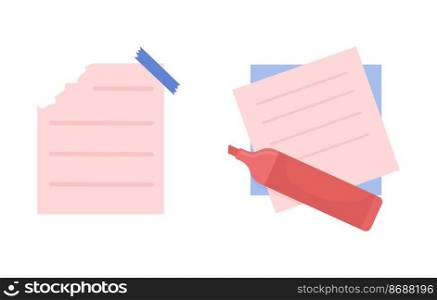 Memo sheets and marker semi flat color vector object. Marking notes. Editable element. Full sized item on white. Simple cartoon style illustration for web graphic design and animation. Memo sheets and marker semi flat color vector object