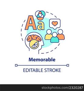 Memorable concept icon. Designer work. Good logo design characteristics abstract idea thin line illustration. Isolated outline drawing. Editable stroke. Arial, Myriad Pro-Bold fonts used. Memorable concept icon