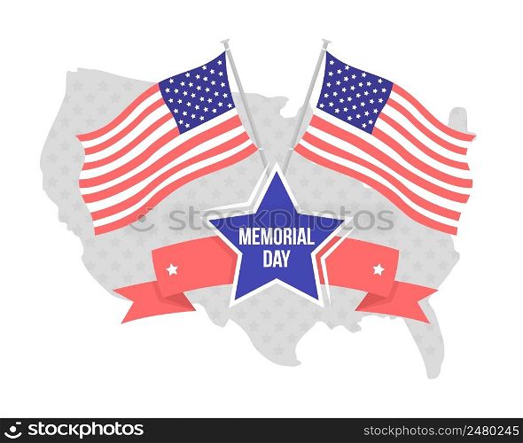 Memorial day 2D vector isolated illustration. Map of USA and flags flat objects on cartoon background. Honor of fallen soldiers colourful scene for mobile, website, presentation. Bebas Neue font used. Memorial day 2D vector isolated illustration