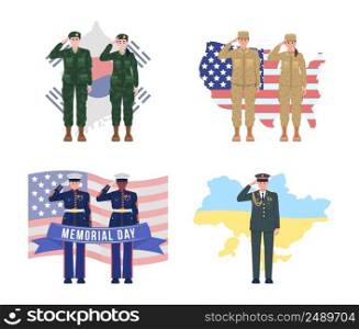 Memorial day 2D vector isolated illustrations set. Patriotic flat characters on cartoon background. Military holiday colourful scenes for mobile, website, presentation collection. Bebas Neue font used. Memorial day 2D vector isolated illustrations set