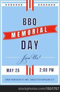 Memorial Day BBQ poster flat vector template. Celebratory event for war anniversary. US freedom and liberty. Brochure, booklet one page concept design. National american holiday flyer, leaflet. Memorial Day BBQ poster flat vector template