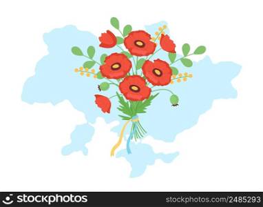 Memorial day in Ukraine 2D vector isolated illustration. Country map with poppy bouquet flat objects on cartoon background. Heroes honor colourful scene for mobile, website, presentation. Memorial day in Ukraine 2D vector isolated illustration