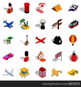 Memories from vacation icons set. Isometric set of 25 memories from vacation vector icons for web isolated on white background. Memories from vacation icons set, isometric style