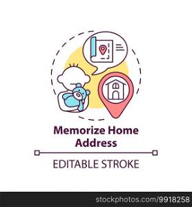 Memorize home address concept icon. Teach kid house location. Help children remember information. Child safety idea thin line illustration. Vector isolated outline RGB color drawing. Editable stroke. Memorize home address concept icon