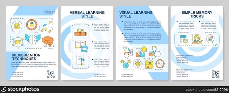 Memorizing methods blue brochure template. Learn style. Psychology. Leaflet design with linear icons. Editable 4 vector layouts for presentation, annual reports. Arial, Myriad Pro-Regular fonts used. Memorizing methods blue brochure template