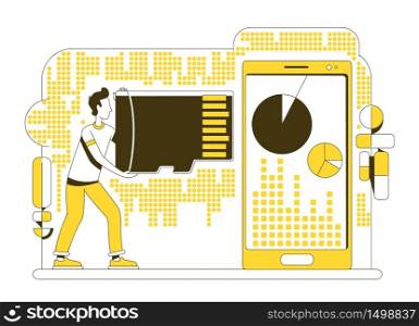 Memory card thin line concept vector illustration. User holding data storage device 2D cartoon character for web design. Portable information storing equipment. Mobile technology creative idea. Memory card thin line concept vector illustration