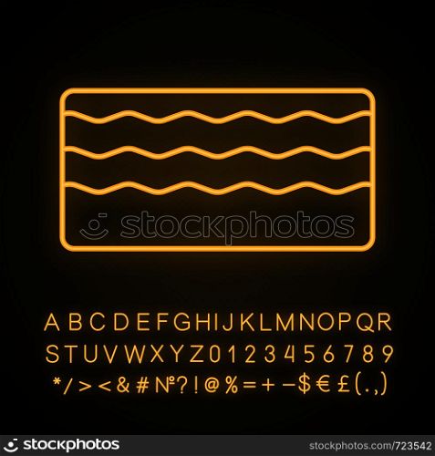 Memory foam mattress neon light icon. Elastic, soft, body contouring mattress filler. Glowing sign with alphabet, numbers and symbols. Vector isolated illustration. Memory foam mattress neon light icon