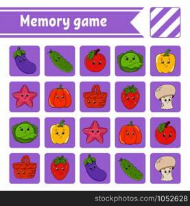 Memory game for kids. Education developing worksheet. Activity page with pictures. Puzzle game for children. Logical thinking training. Isolated vector illustration. Funny character. Cartoon style.