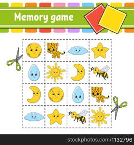 Memory game for kids. Education developing worksheet. Activity page with pictures. Puzzle game for children. Logical thinking training. Isolated vector illustration. Funny character. Cartoon style.