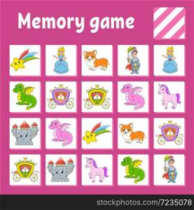 Memory game for kids. Education developing worksheet. Activity page with pictures. Puzzle game for children. Logical thinking training. Isolated vector illustration. Funny character. Cartoon style.