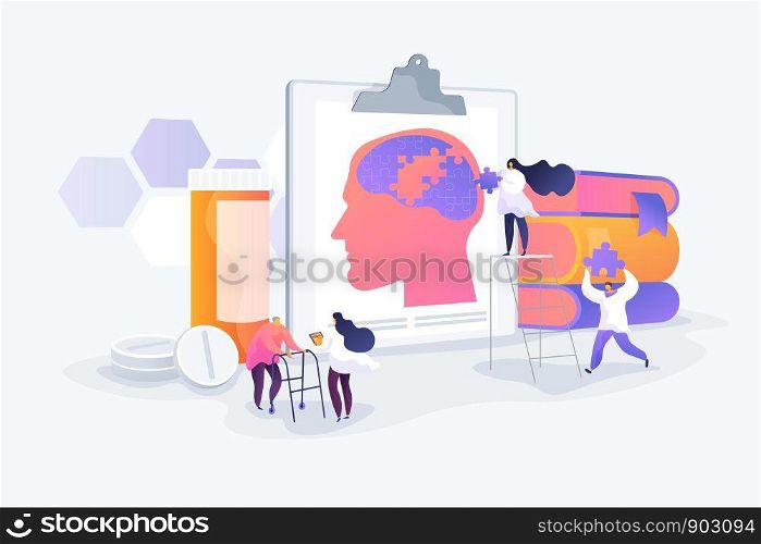 Memory loss, brain illness treatment, therapy. Elderly people mental disorders. Caregivers with patients. Alzheimer disease, dementia, dotage concept. Vector isolated concept creative illustration. Alzheimer disease concept vector illustration