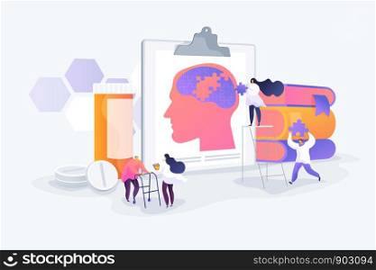 Memory loss, brain illness treatment, therapy. Elderly people mental disorders. Caregivers with patients. Alzheimer disease, dementia, dotage concept. Vector isolated concept creative illustration. Alzheimer disease concept vector illustration