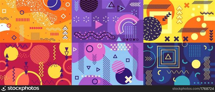 Memphis background. Funky abstract cover with geometric shapes and patterns. Fun pop art retro 80s 90s style poster template vector set. Bright colorful decor with curves, lines, circles and squares