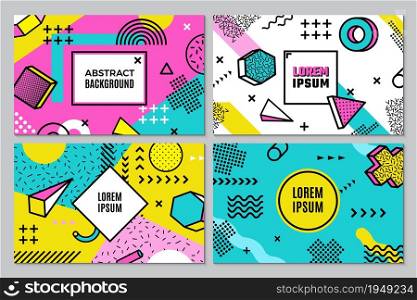 Memphis banners. Abstract geometric background, funky pop art style vector flyers template. Contemporary template poster, pattern colored futuristic illustration. Memphis banners. Abstract geometric background, funky pop art style vector flyers template