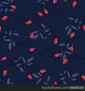 Memphis colorful template on blue background. Hand drawn leaf texture. Seamless floral pattern. Vector tropical print