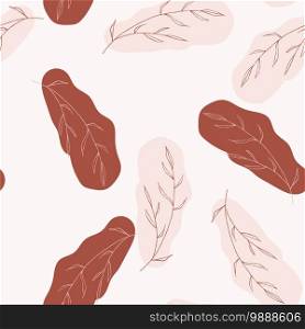 Memphis colorful template on white background. Hand drawn burgundy, red, orange, brown leaf texture. Seamless floral pattern. Vector tropical print
