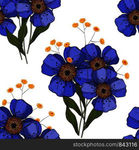 Memphis colorful template on white background. Hand drawn leaf and big blue flower texture. Seamless floral pattern. Vector tropical geometric print