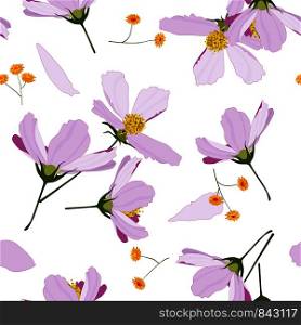 Memphis colorful template on white background. Hand drawn leaf and pink flower kosmey texture. Seamless floral pattern. Vector tropical print