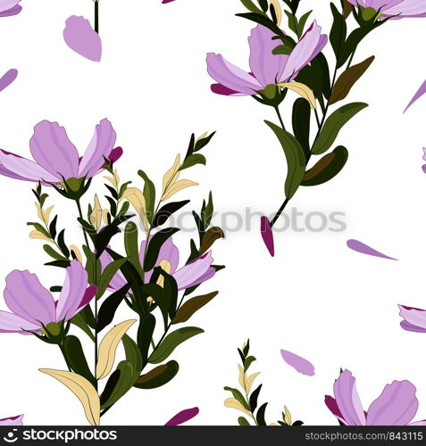 Memphis colorful template on white background. Hand drawn leaf and pink flower texture. Seamless floral pattern. Vector tropical print