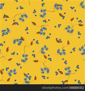 Memphis colorful template on yellow background. Hand drawn leaf and blue flower texture. Seamless floral pattern. Vector tropical geometric print