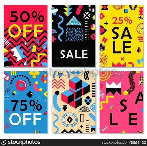Memphis design decorative geometric cube triangles dots lines elements sale 6 colorful discount banners cards isolated vector illustration  . Memphis Design Elements Cards