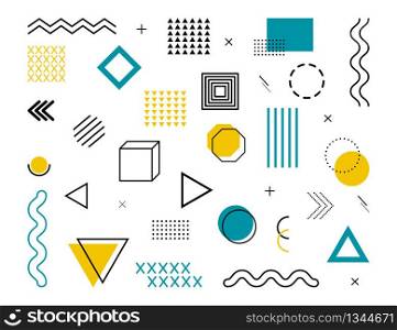 Memphis geometric abstract background. Modern, hipster pattern with geometric figures, halftone dots, graphic lines for tissue, wallpapers and postcards. Blue and golden colors. Style 80s, 90s. Vector. Memphis geometric abstract background. Modern, hipster pattern with geometric figures, halftone dots, graphic lines for tissue, wallpapers and postcards. Blue, golden colors. Style 80s, 90s. Vector.
