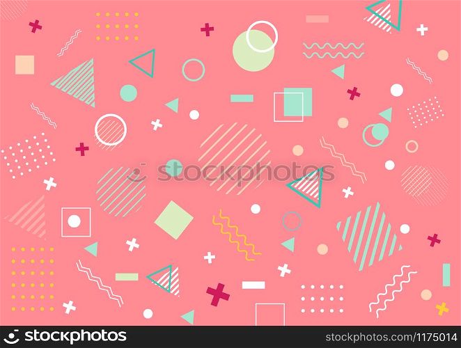 Memphis geometric background. Colorful shapes pattern, vivid coloring texture. For posters. Vector illustration