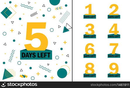 Memphis geometric background with number days left countdown 1, 2, 3, 4, 5, 6, 7, 8, 9. Design template for post, blog of social network, media. Flat isolated layout with countdown. vector eps10. Memphis geometric background with number days left countdown 1, 3, 4, 5, 6, 7, 8, 9. Design template for post, blog of social network, media. Flat isolated layout with countdown. vector illustration